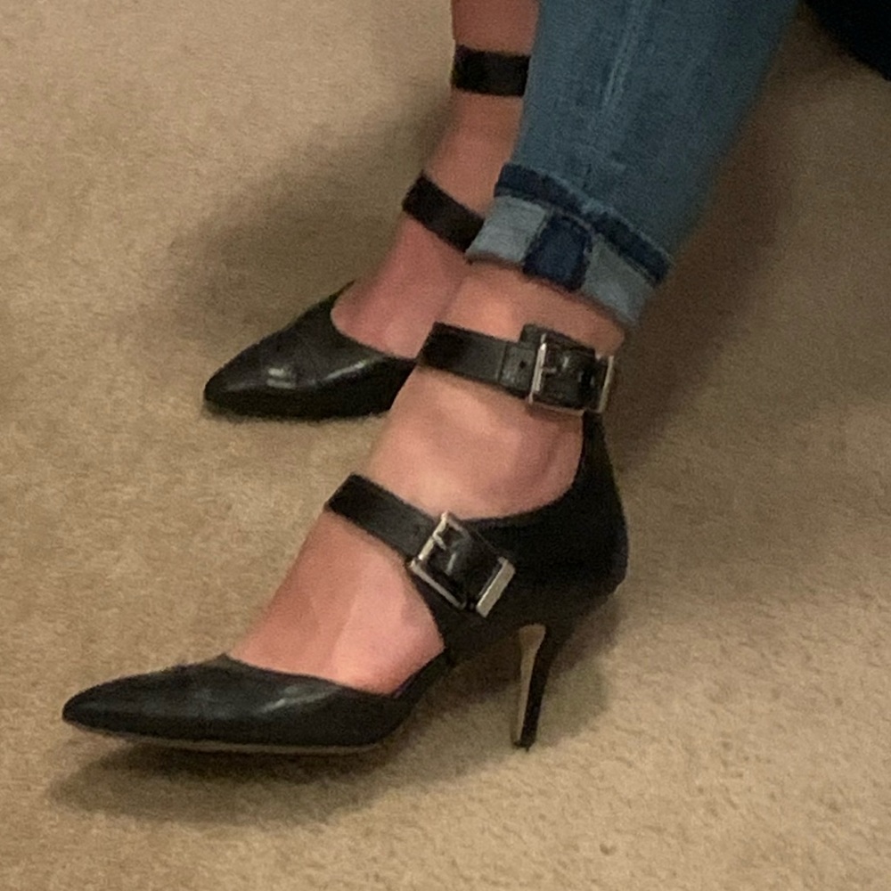 Black leather 3” heels shoes